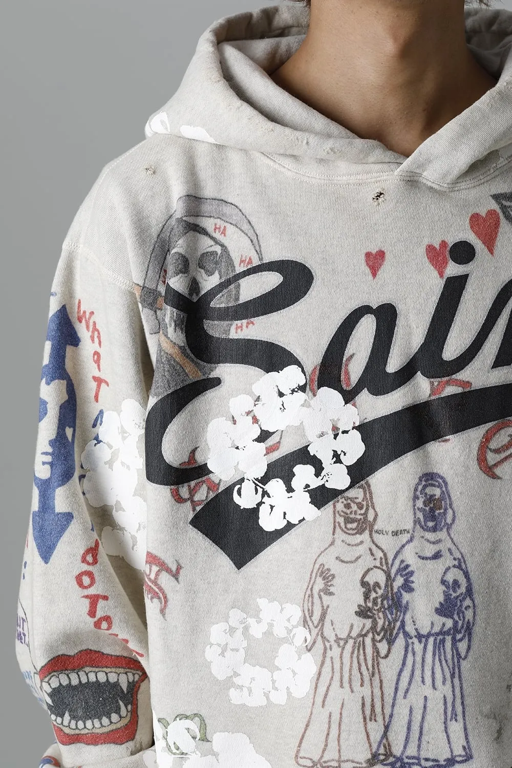 DENIM TEARS × ©SAINT M×××××× "SAINT TEARS" Graffiti Hoodie Joint Model Cotton Graffiti Hoodie Fully Printed Washed Distressed Holes Vintage Sweatshirt Gray S-XL Super Heavy Duty! The whole piece is printed with 35 screens and counterpoint printing!